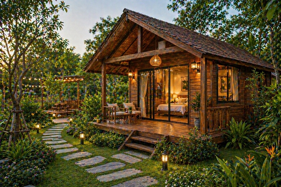 Bungalow gỗ sân vườn